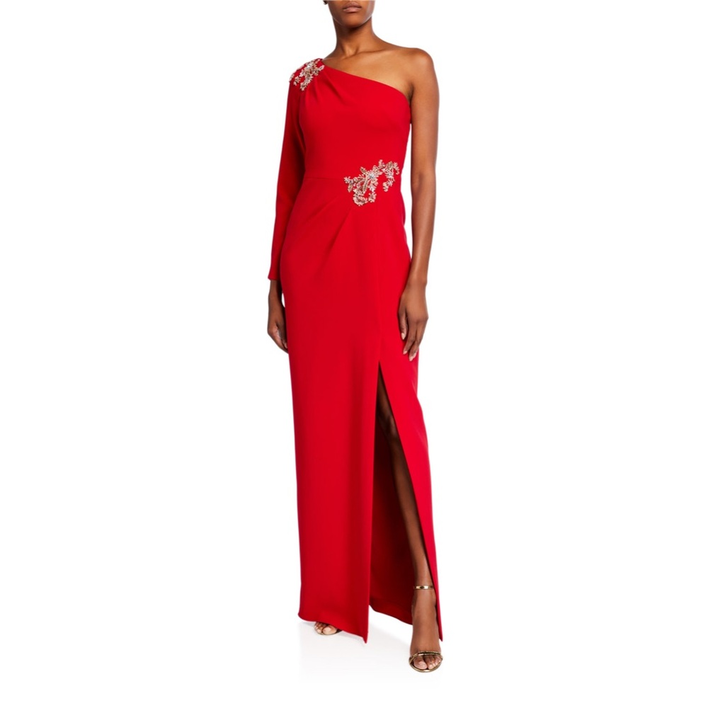 MARCHESA NOTTE One-shoulder embellished stretch-cady gown
